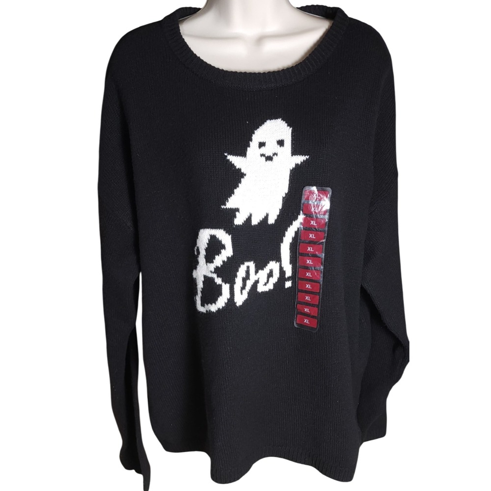 State of Mine Sweater Womens XL Black Ghost Halloween Crew Neck Long Sleeve